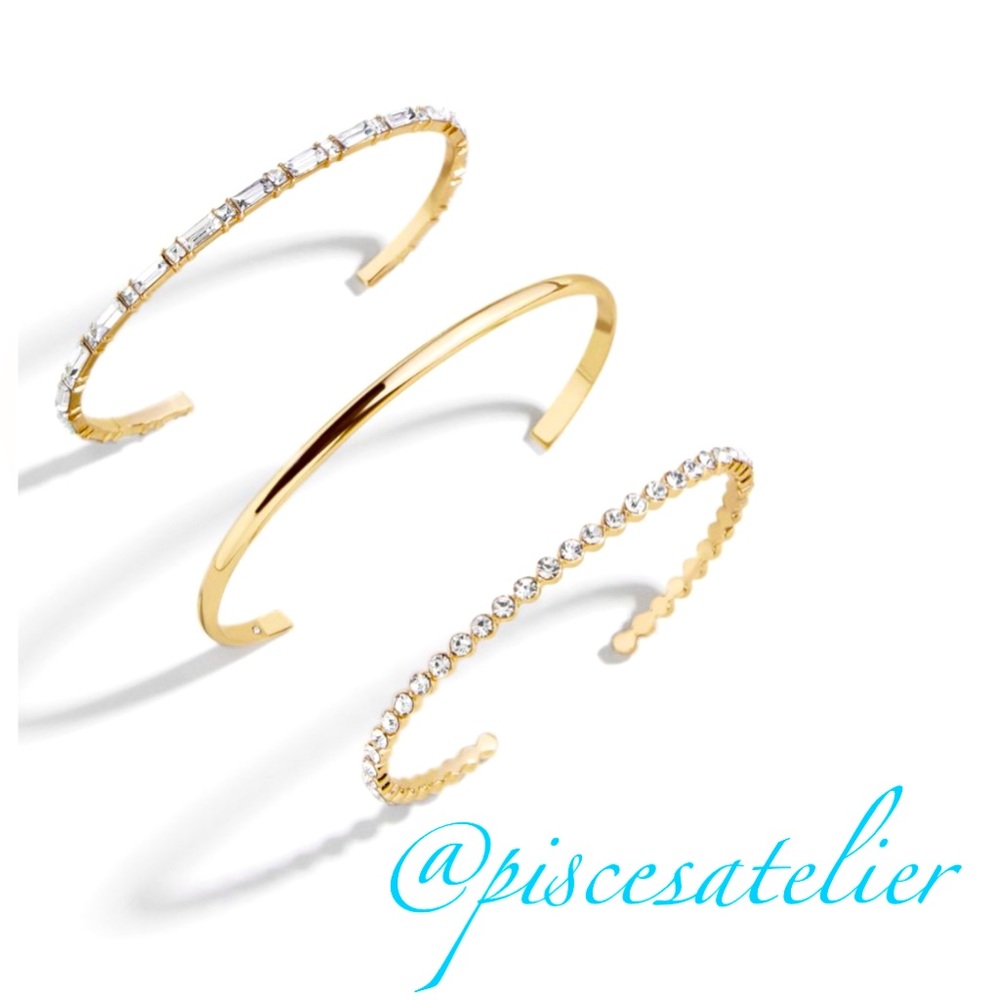 BaubleBar Assorted Set of 3 Gold Plated Brass Crystal Cuff Bracelets